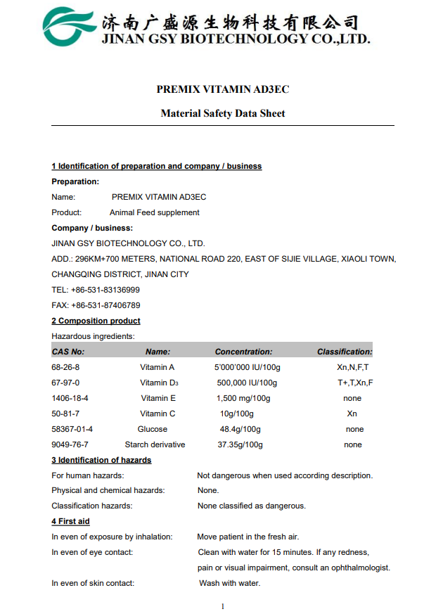 MSDS-PREMIX VITAMIN AD3EC